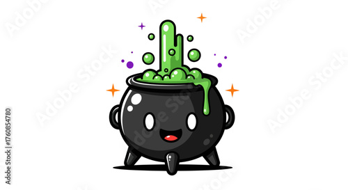 Enchanting Halloween Cauldron Character with Bubbling Potion and Sparkling Stars