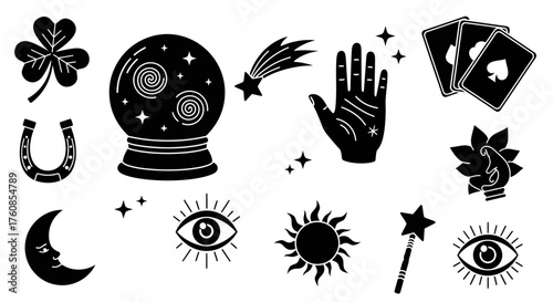 Enchanting symbols in monochromatic harmony create an aura of mystic and fortune