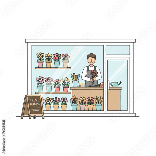 Florist shop interior with a man arranging flowers and shelves full of plants and bouquets flower shop