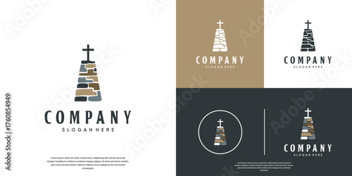 Cross logo with natural stone arrangement, steadfast faith, trust, vector graphic design.
