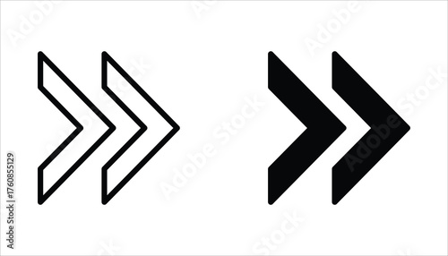 Double arrow glyph icon set. Forward button symbol. Navigation pointer, indicator. Vector illustration isolated on white background.