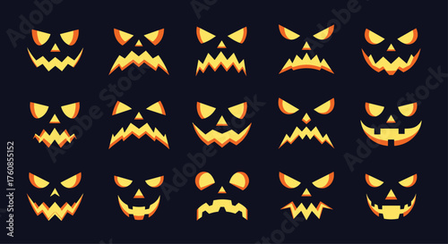 A collection of spooky carved pumpkin faces illuminated from within.