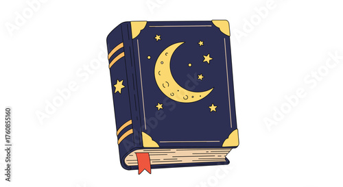 An ancient spell book filled with mystical night symbols and cosmic patterns.
