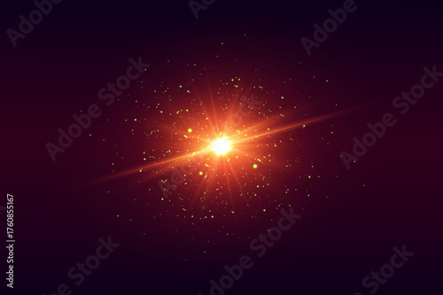Bright glowing light explosion with golden particles on dark background