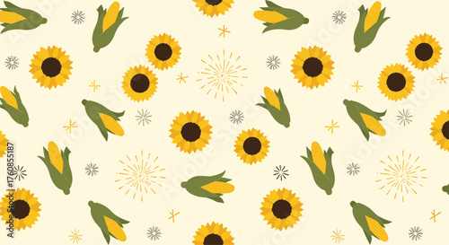 A cheerful pattern of sunflowers and corn cobs.