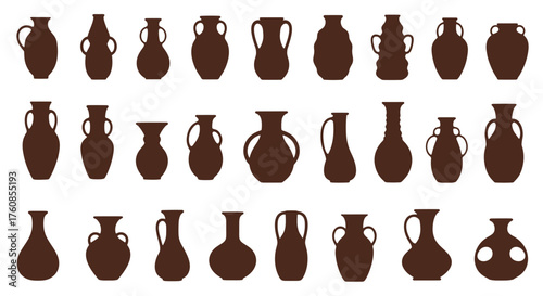 A collection of ancient clay amphorae and vases displayed in rows.