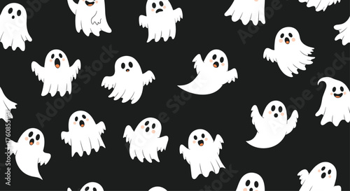 Cute little ghosts floating on a black background for halloween.