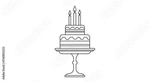 A beautiful tiered cake with three candles on a cake stand.