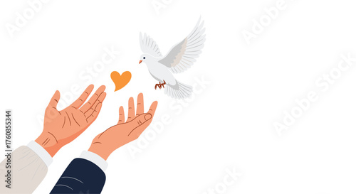 A white dove is released from outstretched hands with a heart symbol floating.
