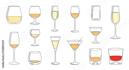 A collection of various glassware filled with different beverages.