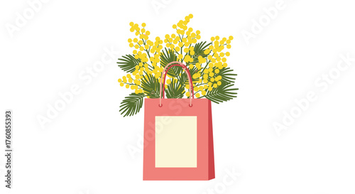 A pastel pink shopping bag holds a bright bouquet of yellow mimosa flowers.