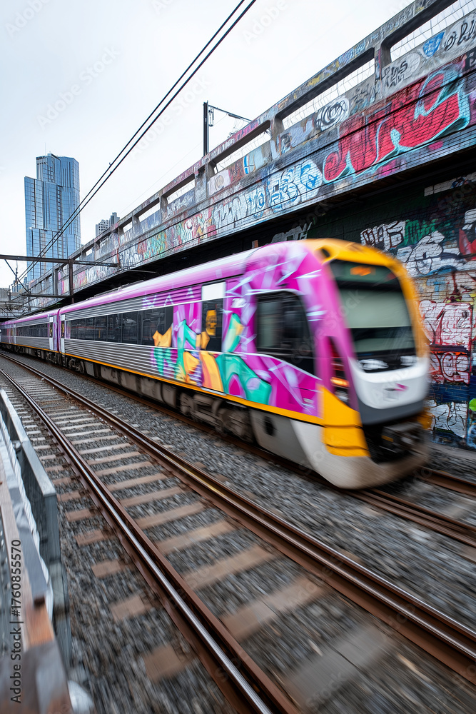 Fototapeta premium Close up, Train crossing urban bridge with graffiti walls