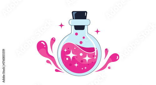 Magic potion in a glass bottle with sparkling liquid and splashes.