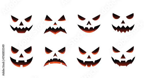 A collection of scary pumpkin faces for Halloween decorations and designs.