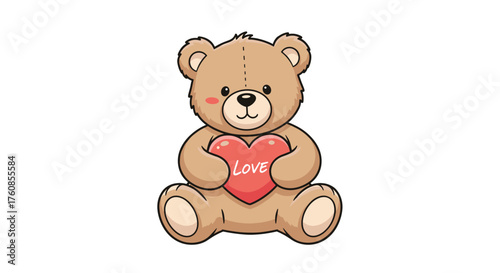 A cuddly teddy bear holding a red heart with the word love written on it.