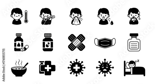 Illness and Treatment Monochrome Icon Set Featuring Sick Child and Medical Supplies