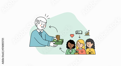 Illustration depicting funding supporting diverse projects and charitable causes with equity and
