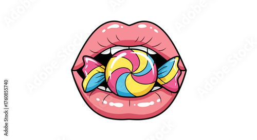 Illustration of a cartoon mouth with pink lips holding a colorful swirled candy