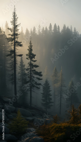 Misty conifer forest at dawn with layered pine silhouettes and golden needle fog