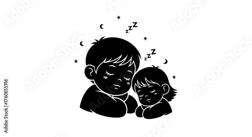 Illustration of children peacefully asleep under a sky full of stars and moon sketches