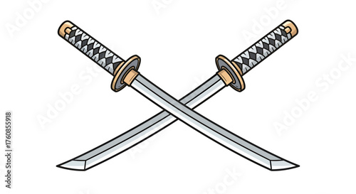 Illustration of crossed cartoon katanas with detailed handles and silver blades