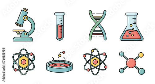 Illustration set featuring scientific equipment and molecular structures in laboratory settings