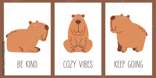 Set of cute capybara posters with motivational quotes. Minimalist animal illustration for kids room or positive wall decor.