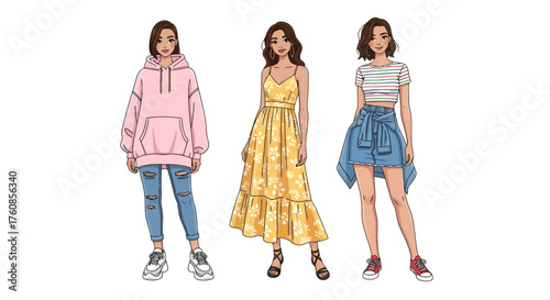Illustration showcasing diverse casual fashion styles worn by young women for diverse seasons