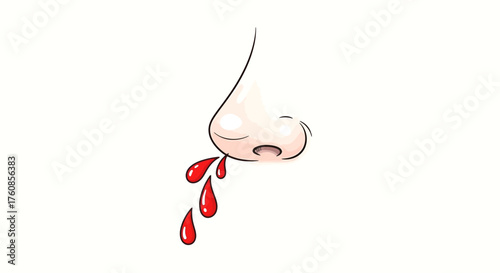 Illustrative depiction of a nosebleed with dripping red blood on a white background