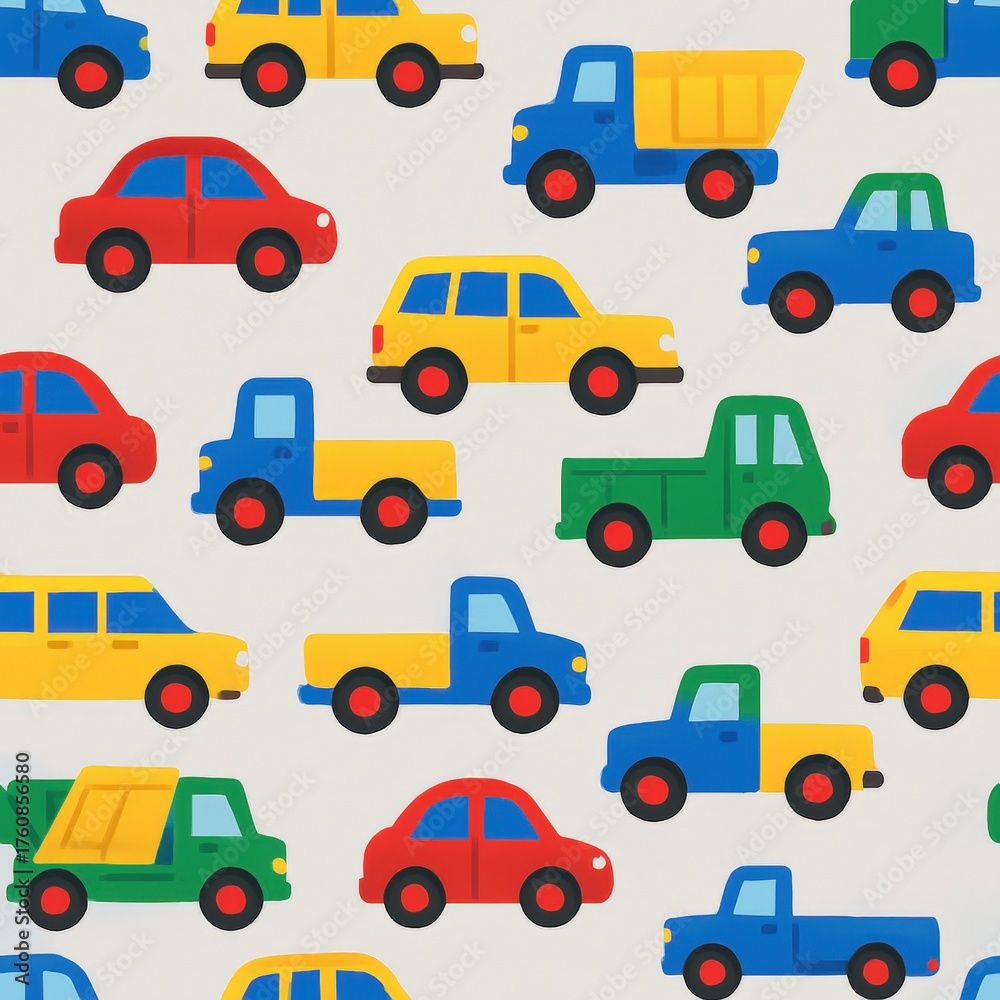 Fototapeta premium Colorful Toy Vehicles Pattern on White Background