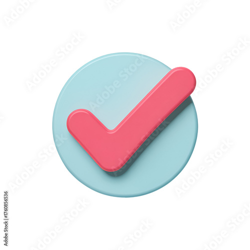 3d icon of pink check mark symbol on a light blue circle and background