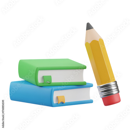 3d icon of stack of two colorful books with a yellow pencil isolated on white background