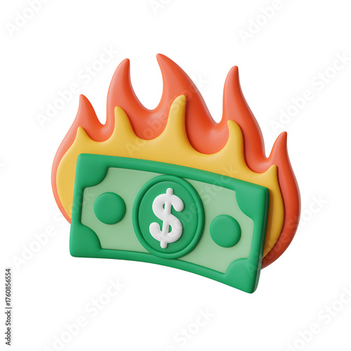 3d icon of a 3d illustration of a dollar bill on fire, symbolizing financial loss or burning money
