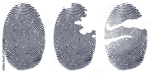 Three Fingerprints One Intact, Two Damaged, Representing Identity and Security
