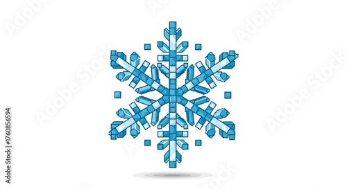 Intricate cyan voxel snowflake design on a stark white background evokes winter's digital artistry