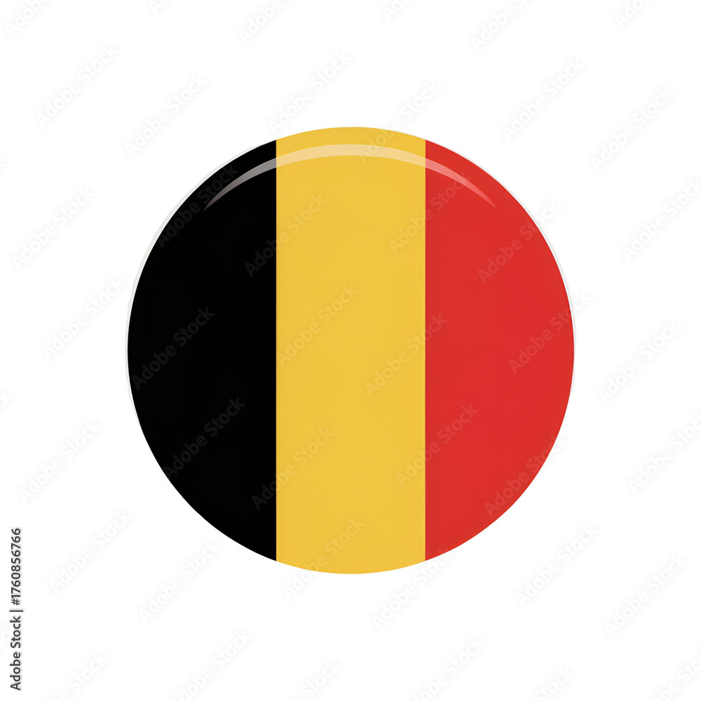 Fototapeta premium 3d icon of circular badge with the flag of belgium, featuring vertical stripes of black, yellow, and red, isolated on white background
