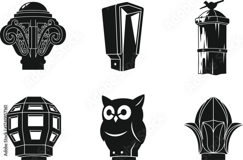 Collection of unique decorative iron finials and artistic spearhead designs including owl and geometric styles for fence architecture vector