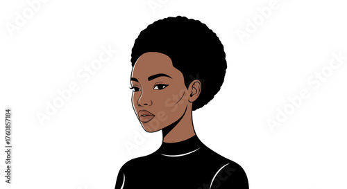 Serene illustration of a poised young woman with afro hairstyle radiating confidence and elegance