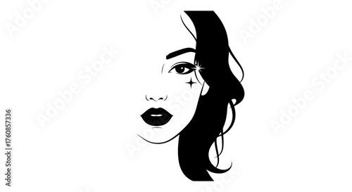 Monochrome illustration of a stylized woman's face with bold features and star accent