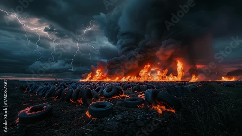 A wide angle shot of a field of tires on fire bellowing huge plumes of fire and smoke in a lighting filled clouded sky lit, Generative AI Videos.