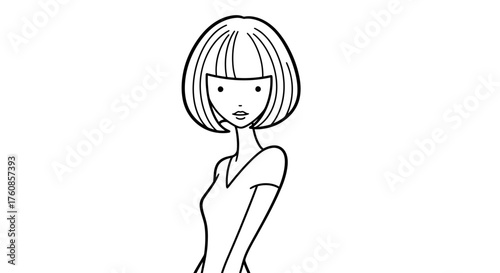 Stylish Woman with Chic Bob Hairstyle in Minimalist Line Art Illustration