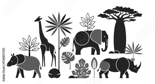 Stylized african wildlife silhouettes with botanical elements offering minimalist charm