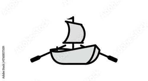 Stylized boat icon with sail and oars creates a nautical themed design element