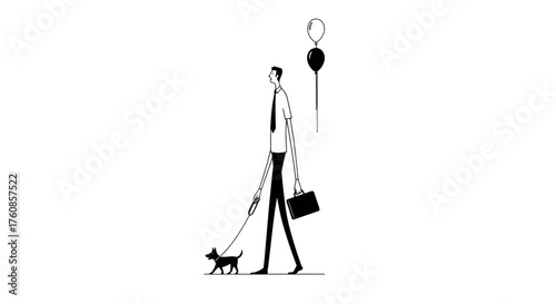 Stylized businessman walks a dog and carries a briefcase on a white backdrop