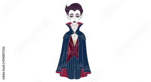Stylized cartoon of elegant vampire with cape, vest, and formal attire, perfect for halloween
