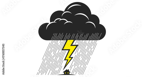 Stylized cloudburst illustration with lightning striking a home, emphasizing severe weather impacts