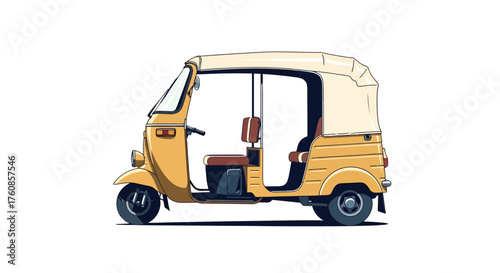 Stylized depiction of a classic yellow auto rickshaw against a white background