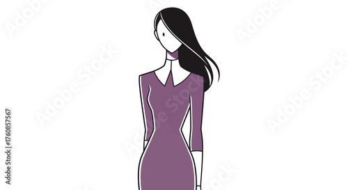 Stylized fashion illustration of a woman in a tailored dress with flowing hair