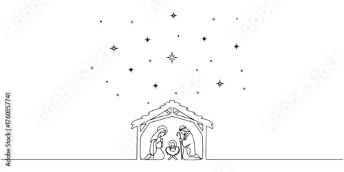 Continuous one line of starry night sky above nativity scene, style hand drawing vector illustration.
