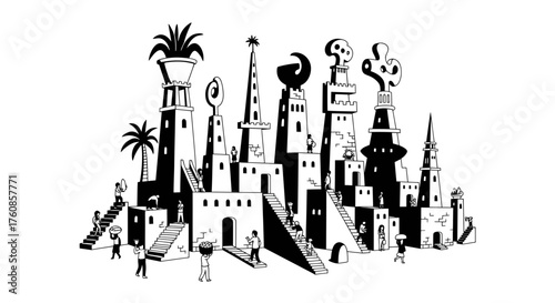 Stylized monochrome illustration of a bustling cityscape with whimsical architecture and inhabitants